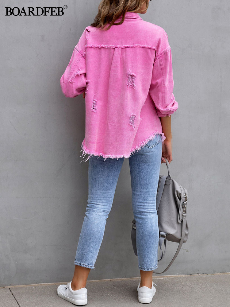 Women's Jackets Women Ripped Denim Jacket Spring Casual Distressed Jean Long Sleeve Tops with Pockets Ladies Tassels Solid Coat Loose Outwear 230