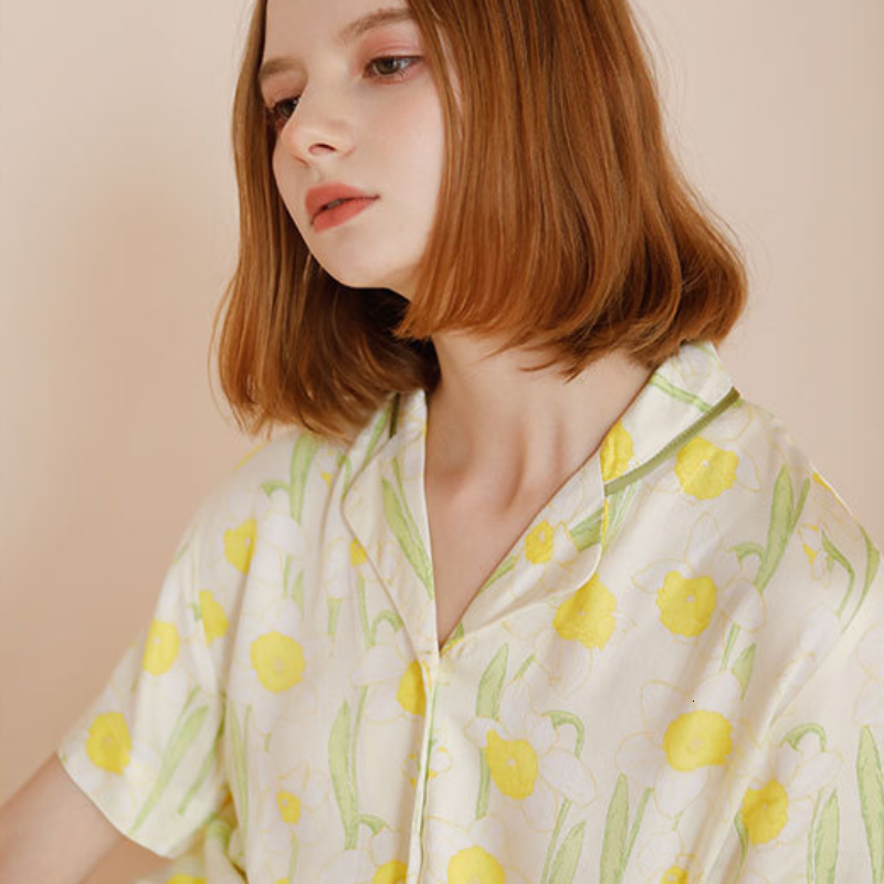 Women's Sleepwear Spring Print Pajamas Princess Sleepwear Nightwear Women Viscose Satin Loungewear Turn Down Collar Tops Shorts Two Piece Sets 23
