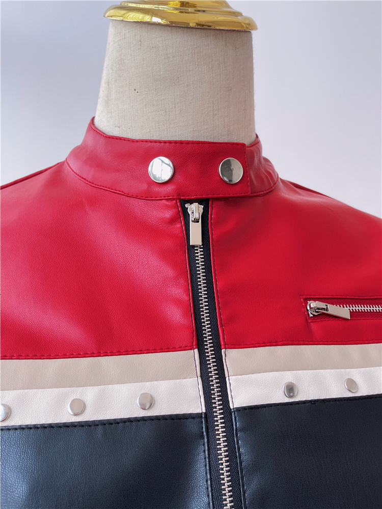 Women's Jackets Patchwork Color Motorcycle Girls PU Leather Short Jacket Women Fashion Stand Neck Zipper Slim Thin Coat