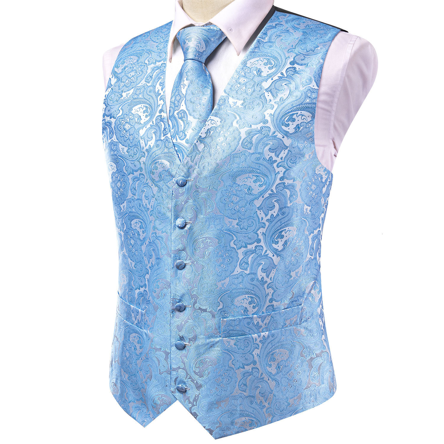 Men's Vests Silk Mens Wedding Vest Tie Set Sleeveless Western Waistcoat Jacket Necktie Hanky Cufflinks Sky Blue Coral Beige Silver Burgundy 23072