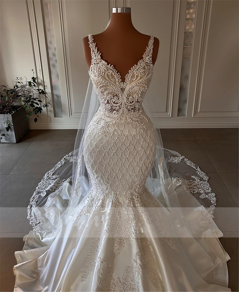 New Design Sparkly Pearls Mermaid Wedding Dresses With Cape Beading Crystals Bridal Gowns Vestido De Novia Lace Up