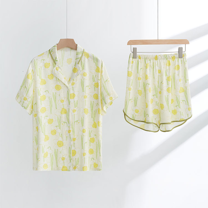 Women's Sleepwear Spring Print Pajamas Princess Sleepwear Nightwear Women Viscose Satin Loungewear Turn Down Collar Tops Shorts Two Piece Sets 23