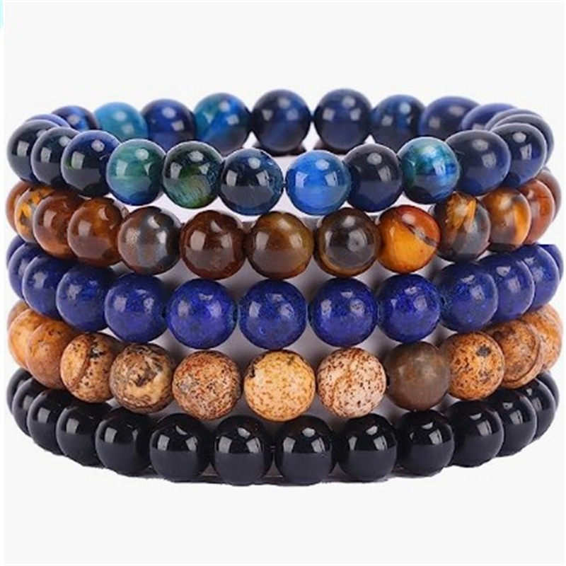 8mm Natural Stone Handmade Beaded Strands Charm Bracelets 5pcs Set Party Club Yoga Sports Jewelry For Men Women
