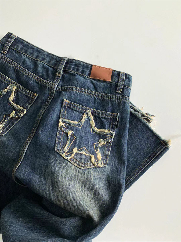 Women's Jean's Blue Wide Leg Jeans Star Pocket Vintage Straight Pants High Waist Baggy Streetwear Casual Denim Trouser Ladies 230721