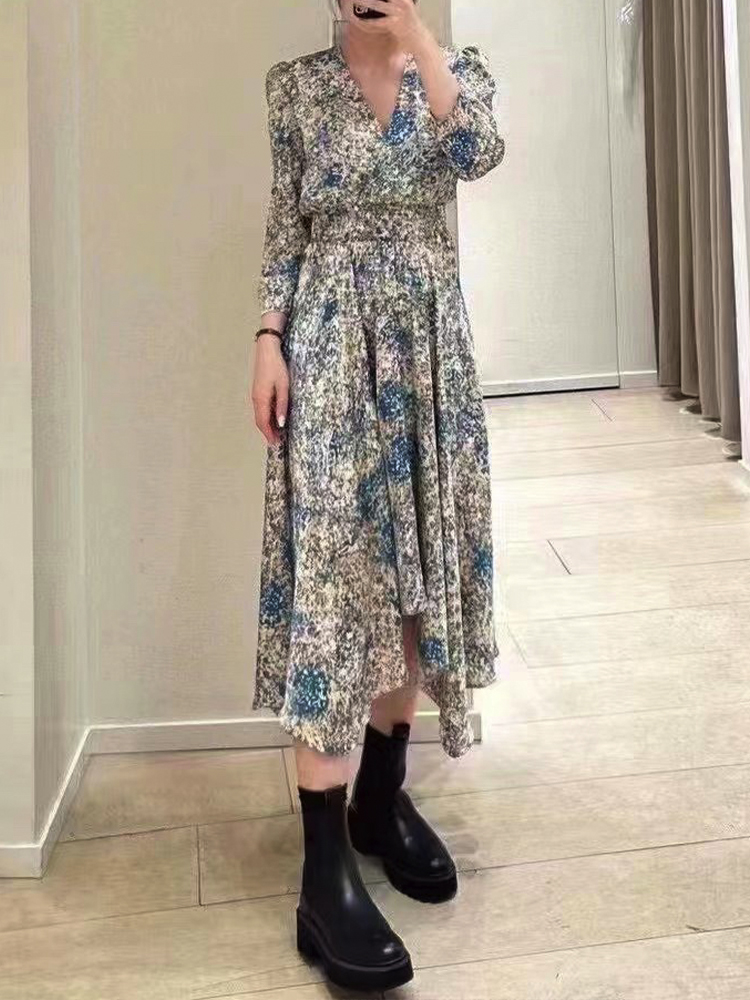 New M-aje V-neck Floral Dress Fit Asymmetric Dip Hem A-line Midi Dress for Women