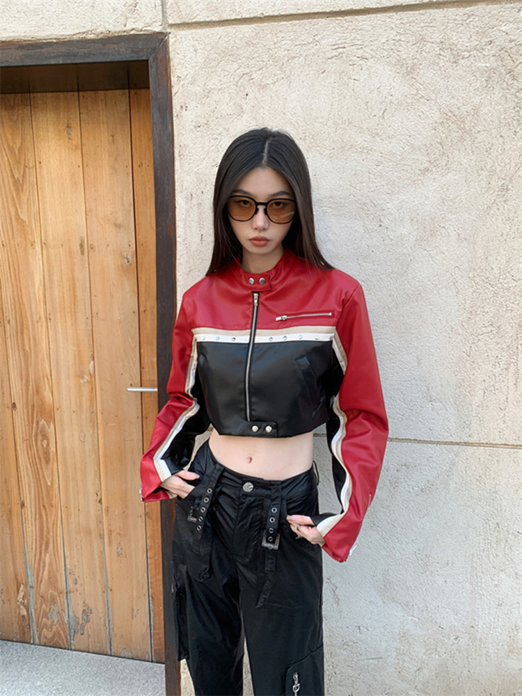 Women's Jackets Patchwork Color Motorcycle Girls PU Leather Short Jacket Women Fashion Stand Neck Zipper Slim Thin Coat
