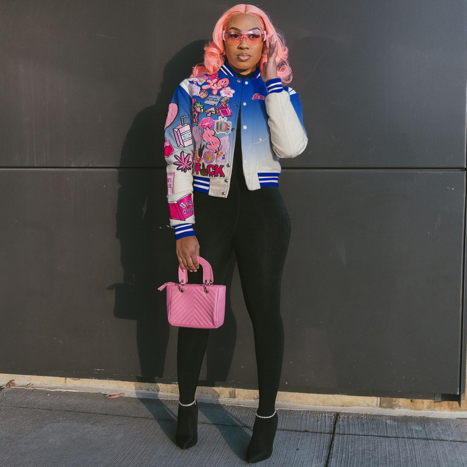 Women's Jackets Women's Spring Casual Gradient Long Sleeve Coat Varsity Baseball Uniform Bomber Jacket Single Breasted Outdoor Streetwear 23