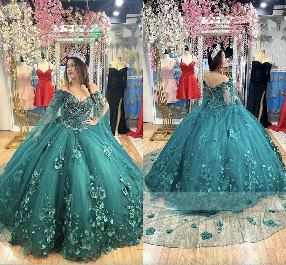 2023 Modern Emerald Green Quinceanera Dresses With Cape Floral 3D Flowers Applique Beaded Prom Pageant Graduation Sweet 16 Dress Girls