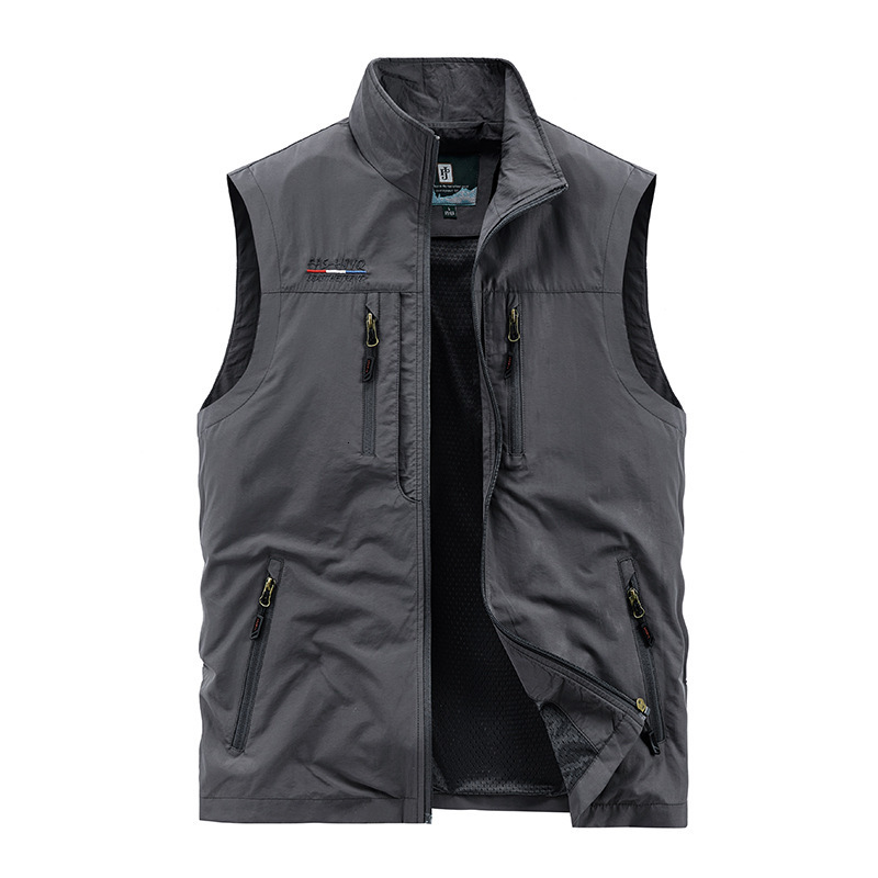 Men's Vests FOJAGANTO Men's Leisure Vest Solid Color Tooling Style Waistcoat Thin Fishing Hiking Multi-Pocket Casual Loose Vest for Men 2307