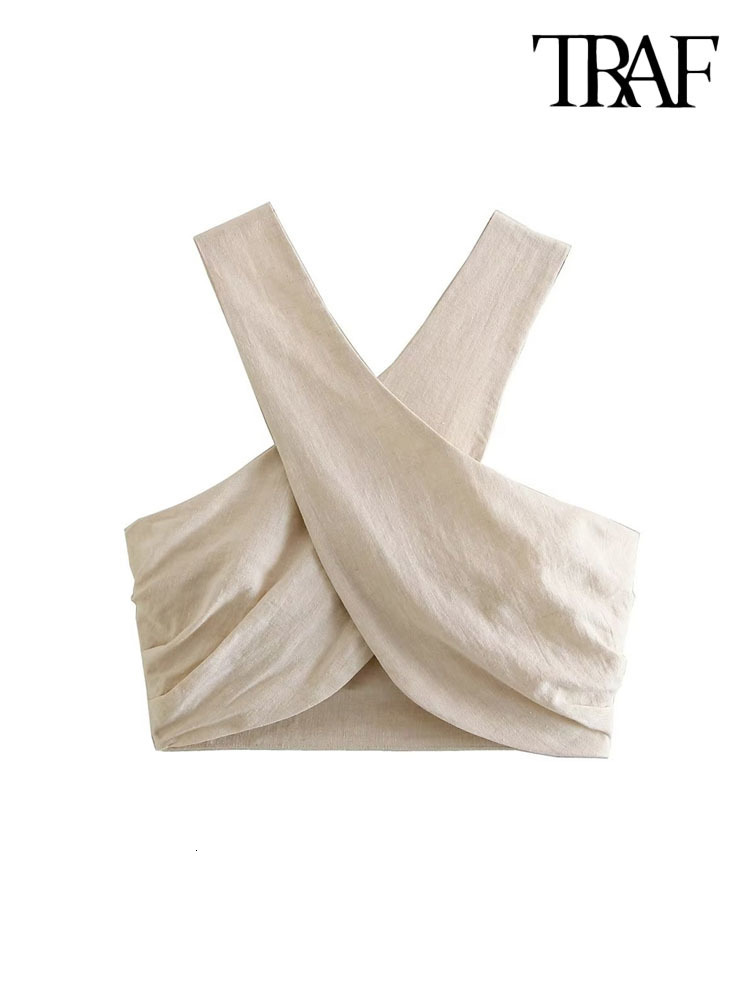 Women's Tanks Camis TRAF Women Sexy Fashion Backless With Bow Tied Crop Tank Tops Vintage Crossover Halter Neck Female Mujer 230721