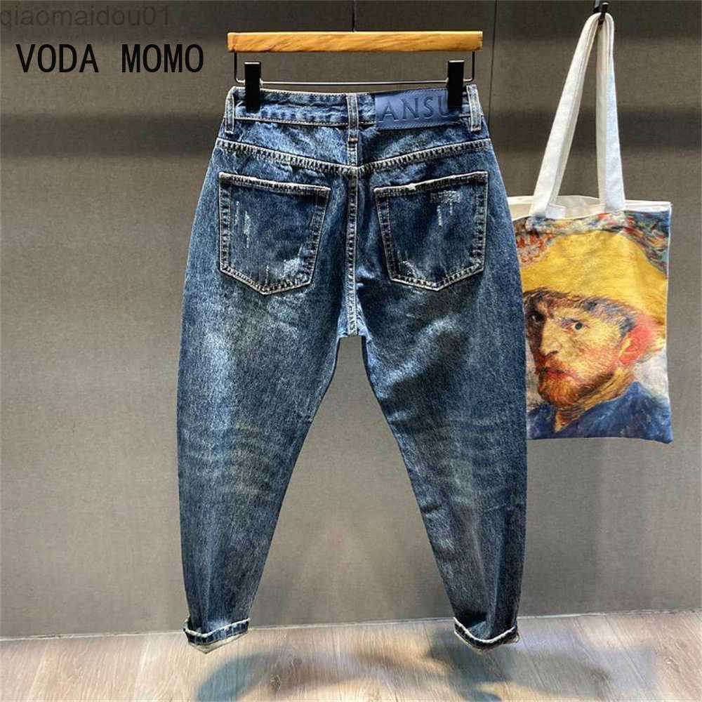 Men's Jeans Ripped Jeans Men Dark Gray Stretch Capris Pants Distressed Casual Harem Pants Hip Hop Patched Ankle Length Trousers Jeans Brand L2307