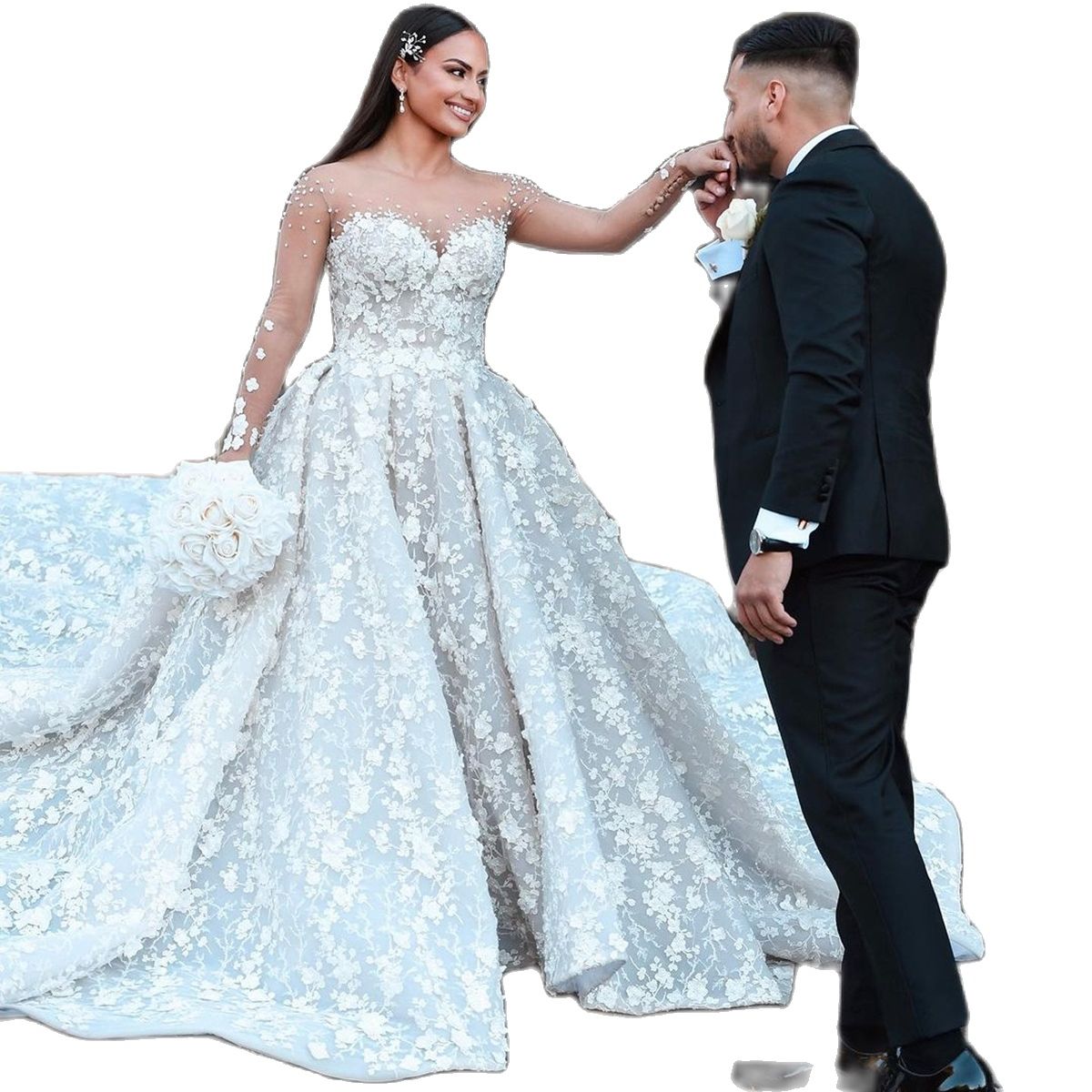 Elegant A Line Wedding Dress Sexy Sheer Neck 3D Flowers Bridal Gowns Custom Made Long Sleeve Plus Size Beach Bride Robes