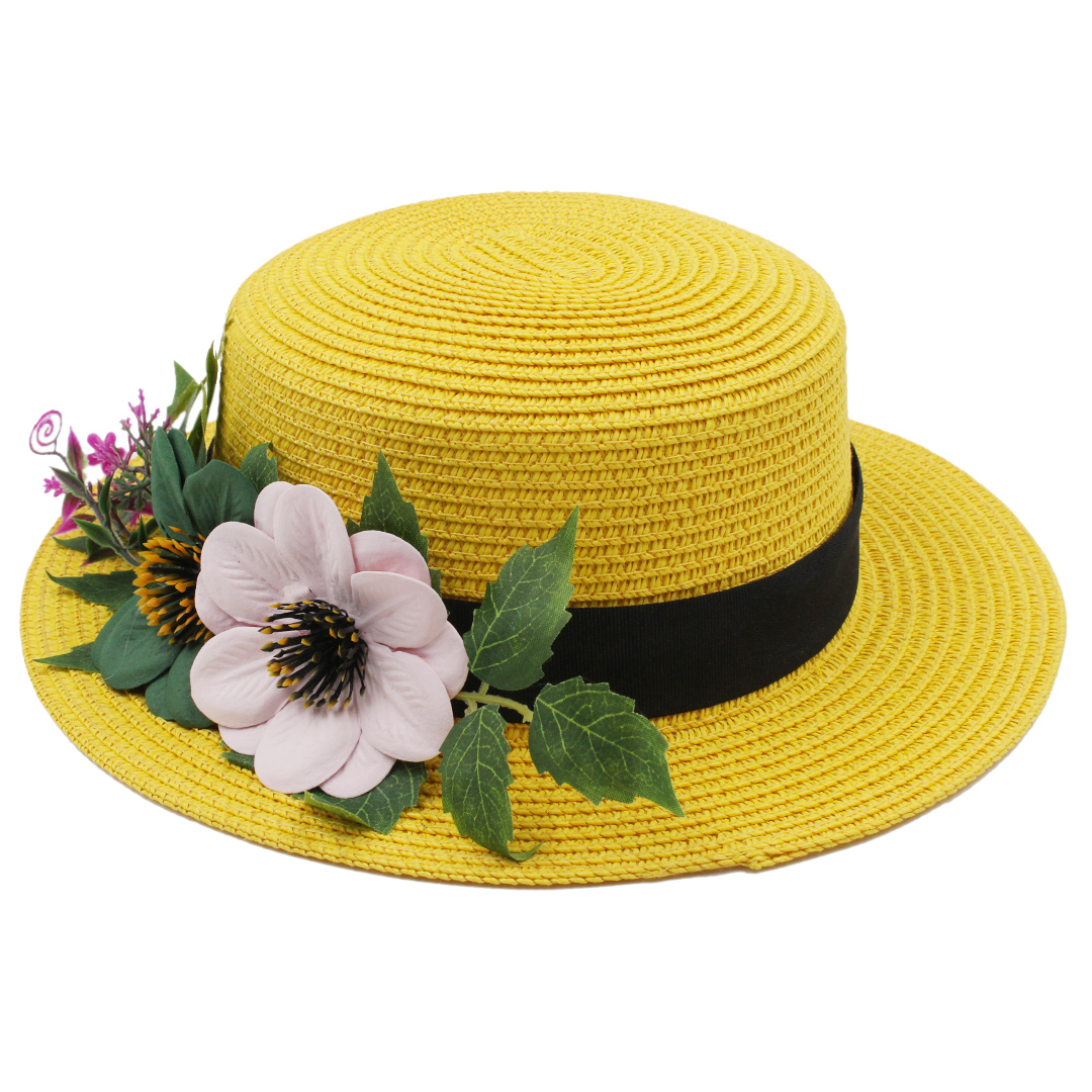 Women Straw Boater Hat Summer Beach Sun Sailor Bowler Cap Floppy Flat Top w/Flower Hatband