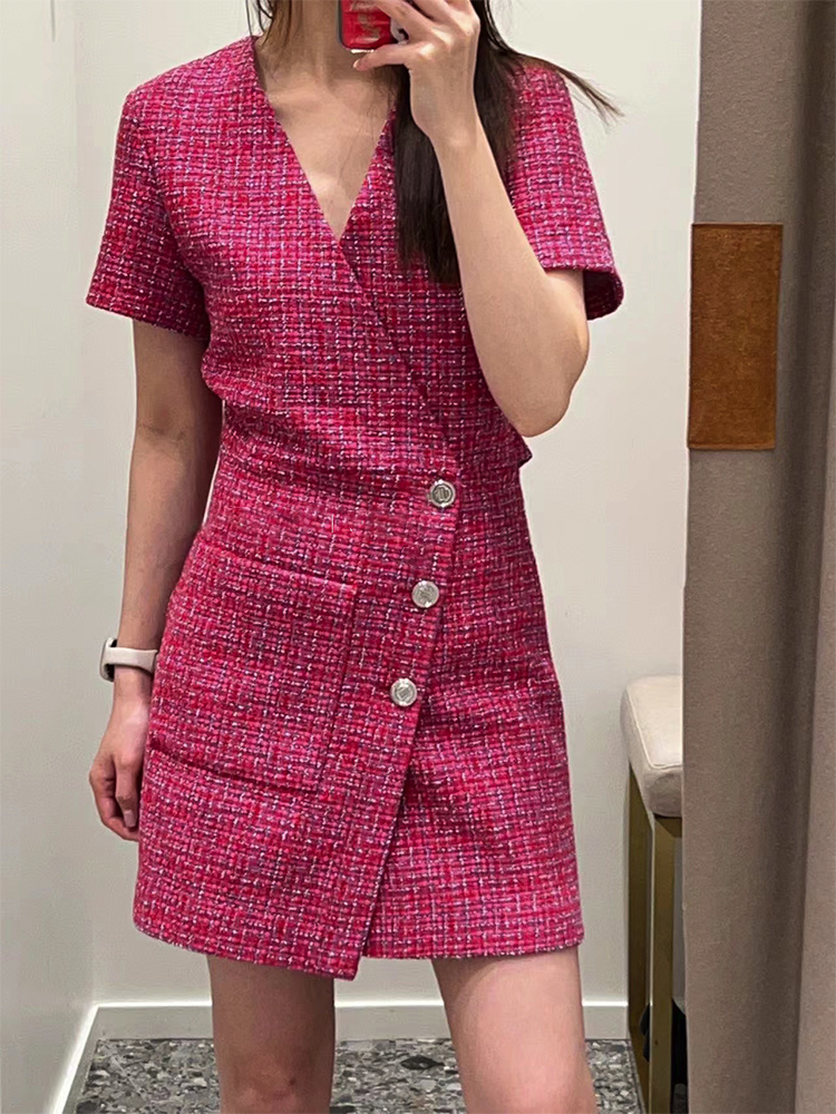Basic & Casual Dresses New m-aje Feeling Tweed Fashion Open Back Rose Red Dress