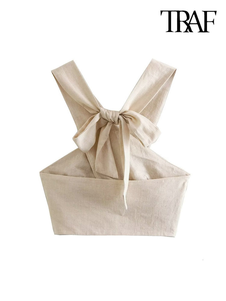 Women's Tanks Camis TRAF Women Sexy Fashion Backless With Bow Tied Crop Tank Tops Vintage Crossover Halter Neck Female Mujer 230721