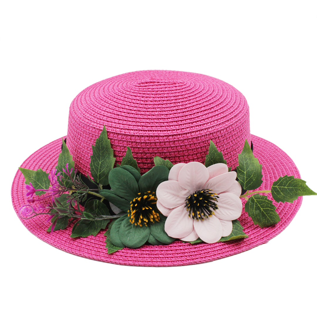 Women Straw Boater Hat Summer Beach Sun Sailor Bowler Cap Floppy Flat Top w/Flower Hatband