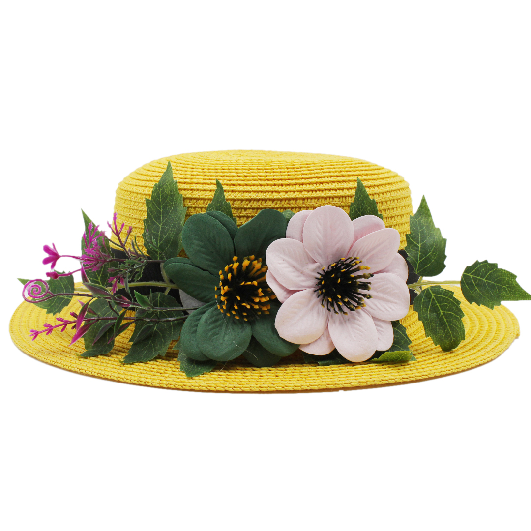 Women Straw Boater Hat Summer Beach Sun Sailor Bowler Cap Floppy Flat Top w/Flower Hatband
