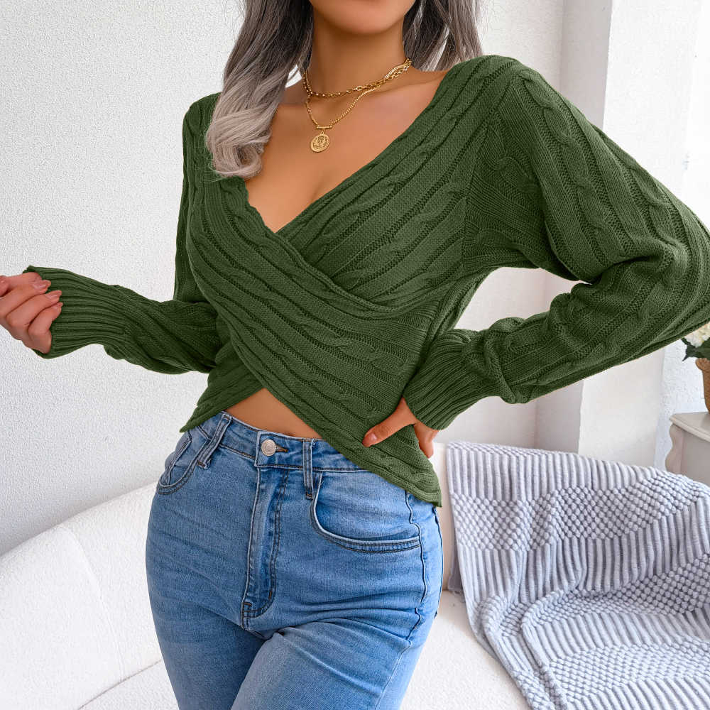 Women Casual Long Sleeve Criss-Cross Knitted Sweater 2023 Autumn Winter Pullovers