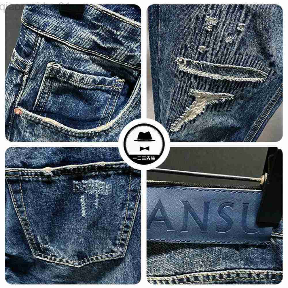 Men's Jeans Ripped Jeans Men Dark Gray Stretch Capris Pants Distressed Casual Harem Pants Hip Hop Patched Ankle Length Trousers Jeans Brand L2307