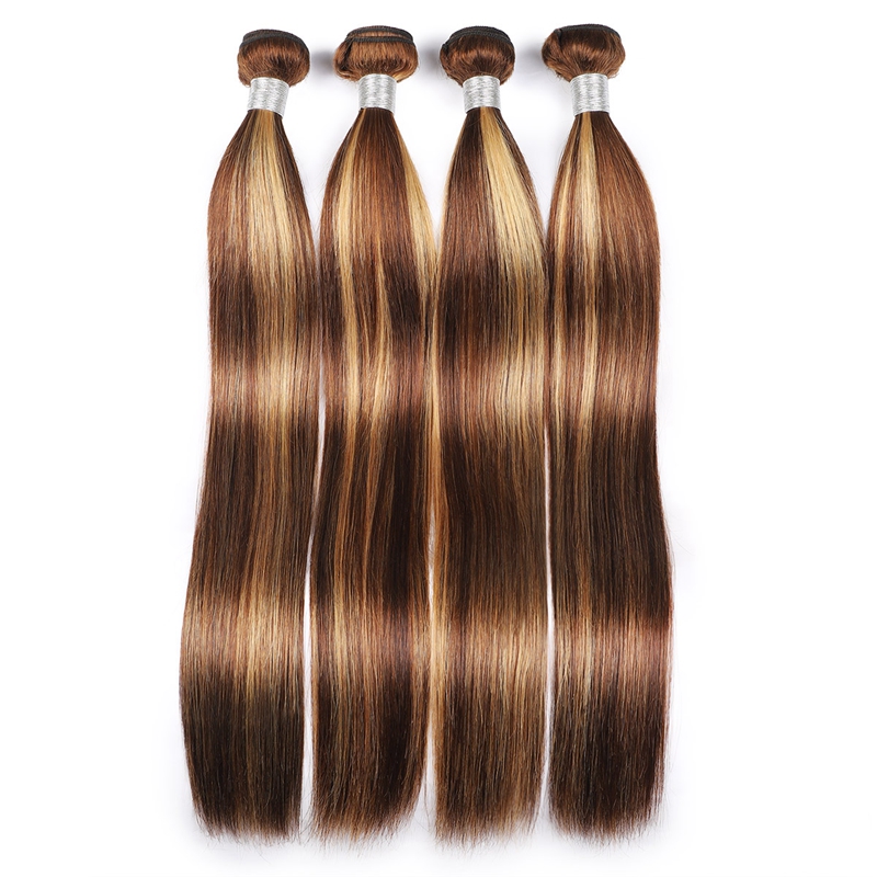 Brazilian Indian Raw Virgin Human Hair Wefts 3 Bundles With 2X6 Lace Closure P4/27 Piano Color Straight 4 Pieces/lot