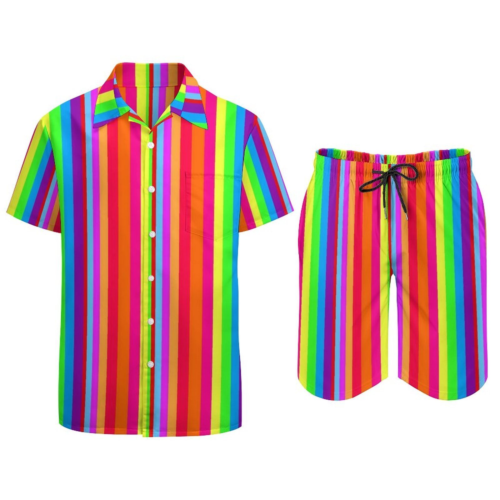 Men's Tracksuits Rainbow Striped Men Sets Colorful Line Print Casual Shorts Vacation Shirt Set Summer Streetwear Graphic Suit Plus Size Clothes 2