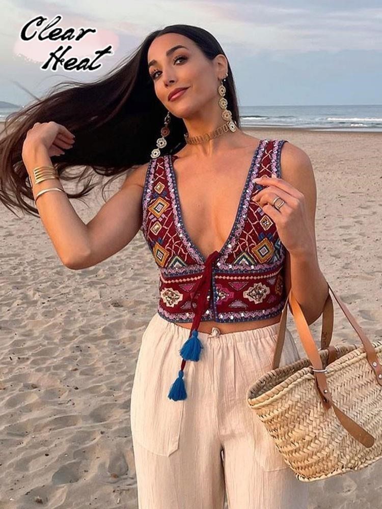 Women's Tanks Camis Vintage Embroidery Tassel Lace Up Vest For Women Sexy Sleeveless Backless Short WaistCoat Tops Fashion Ladies Highstreet Outf
