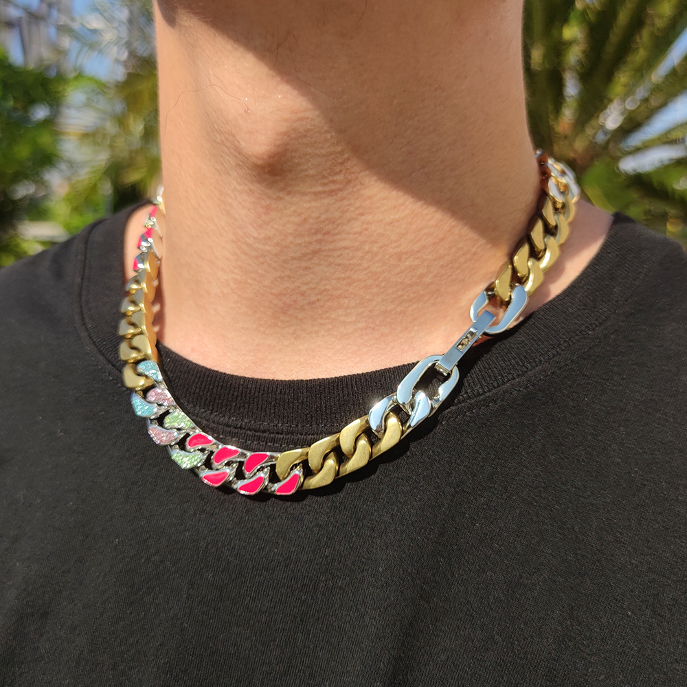 12mm Hip Hop Stainless Steel Cuban Link Chain Colorful Zircon Cool Men no Fade