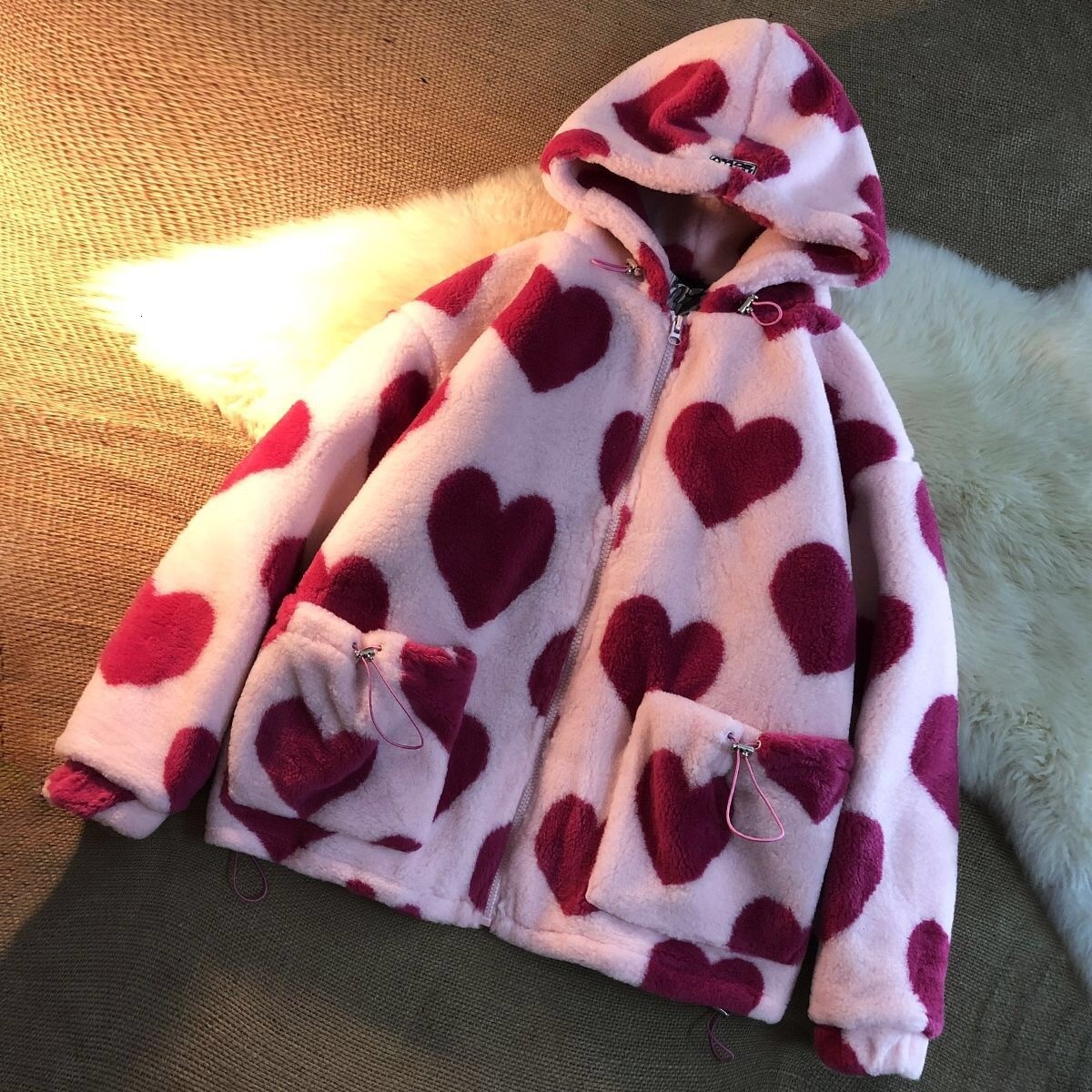 Women's Jackets Pink Heart Print Women Jacket Winter Warm Zipper Flannel Parka Harajuku Lambswool Sherpa Streetwear Loose Couple Hoodie Coat 2307