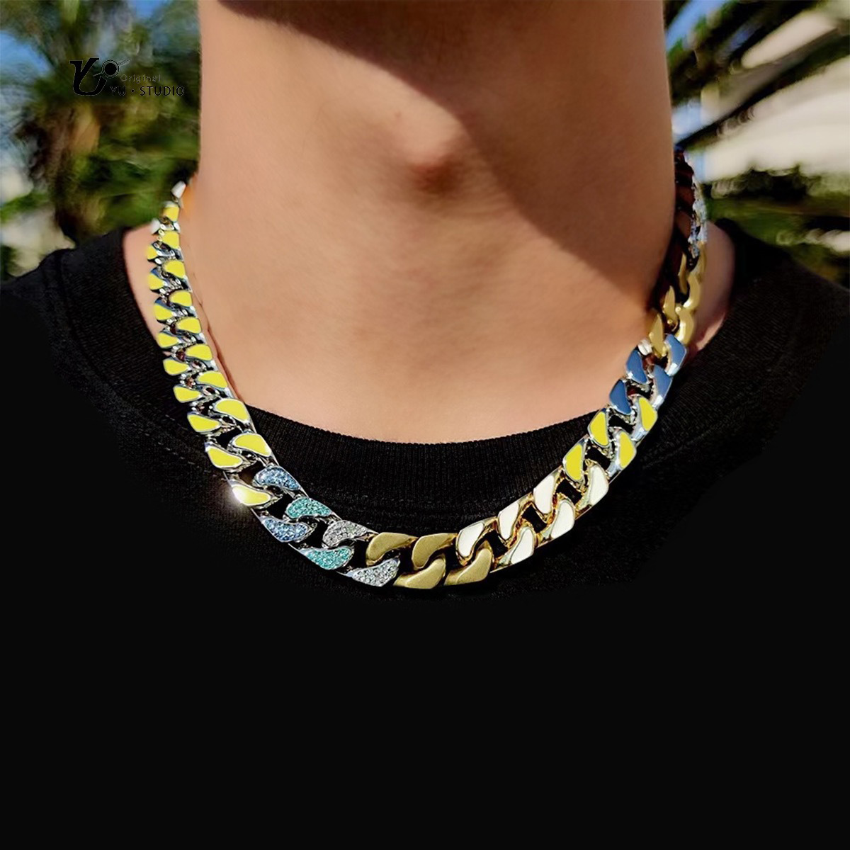 12mm Hip Hop Stainless Steel Cuban Link Chain Colorful Zircon Cool Men no Fade