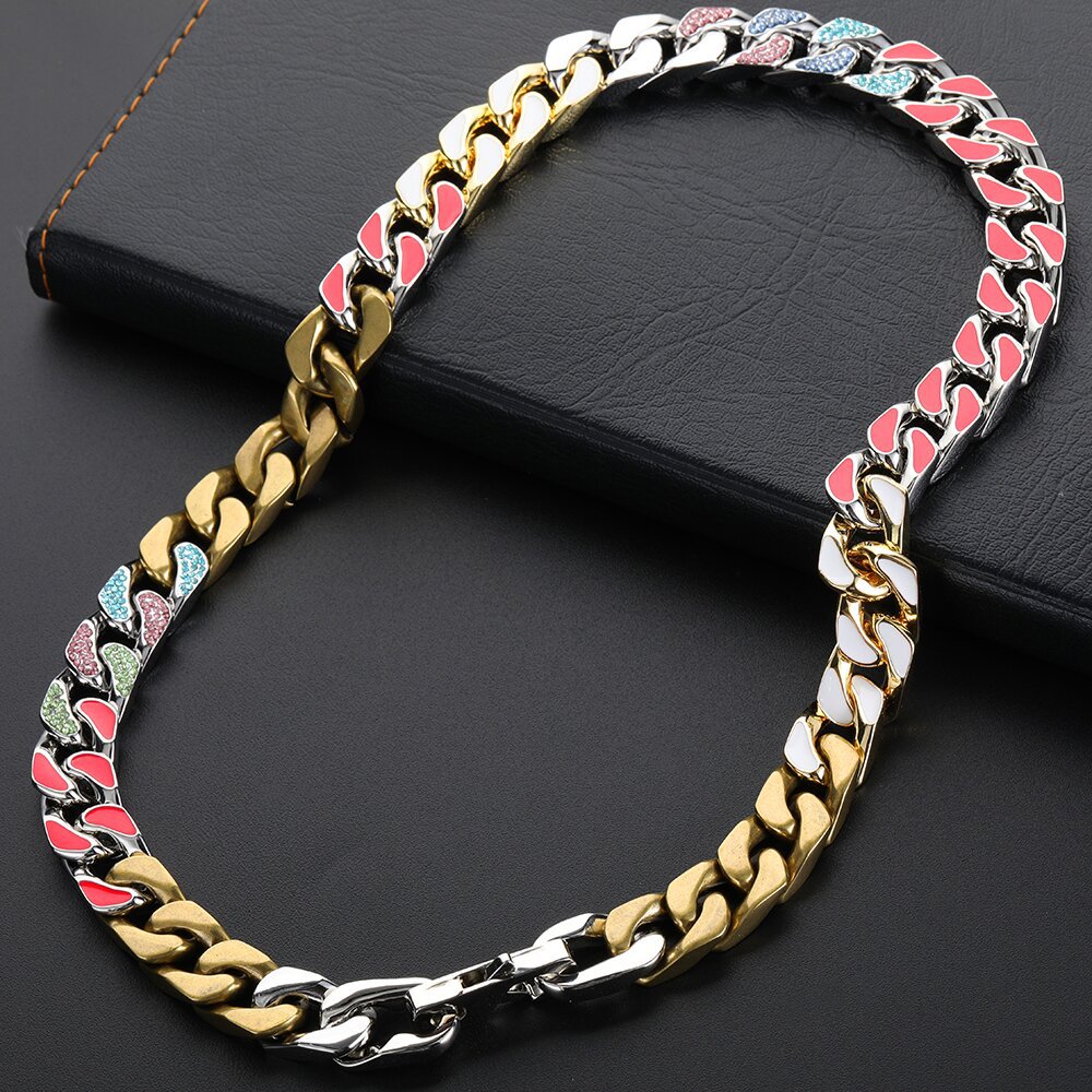 12mm Hip Hop Stainless Steel Cuban Link Chain Colorful Zircon Cool Men no Fade