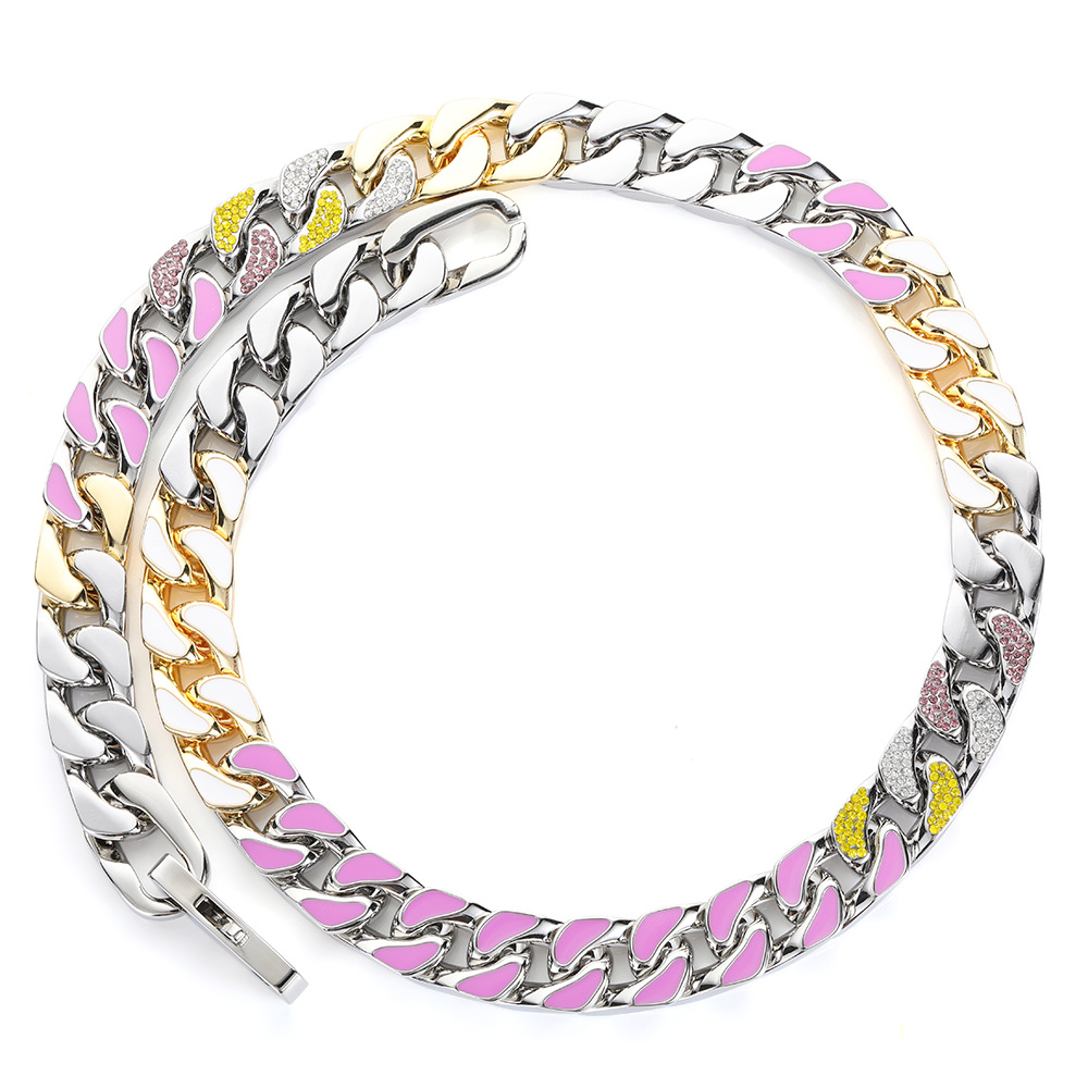 12mm Hip Hop Stainless Steel Cuban Link Chain Colorful Zircon Cool Men no Fade