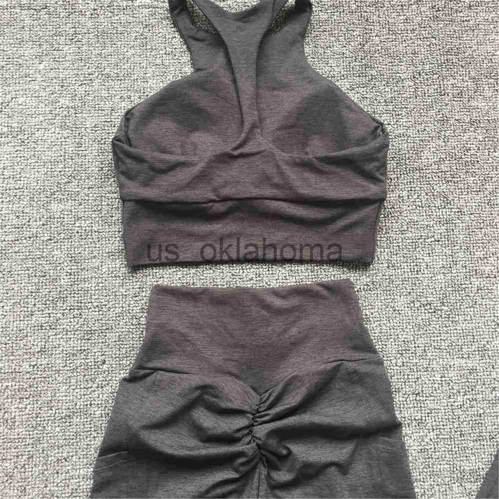 Yoga Outfit 2023 Zipper Bra Women Workout High Neck Edgy Yoga Set Gym Pocket High Waist Scrunch Leggings Butt Yoga Pant Outfit Fitness Suits J230725