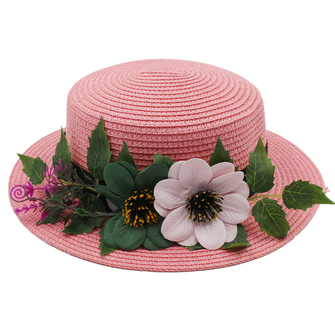 Women Straw Boater Hat Summer Beach Sun Sailor Bowler Cap Floppy Flat Top w/Flower Hatband