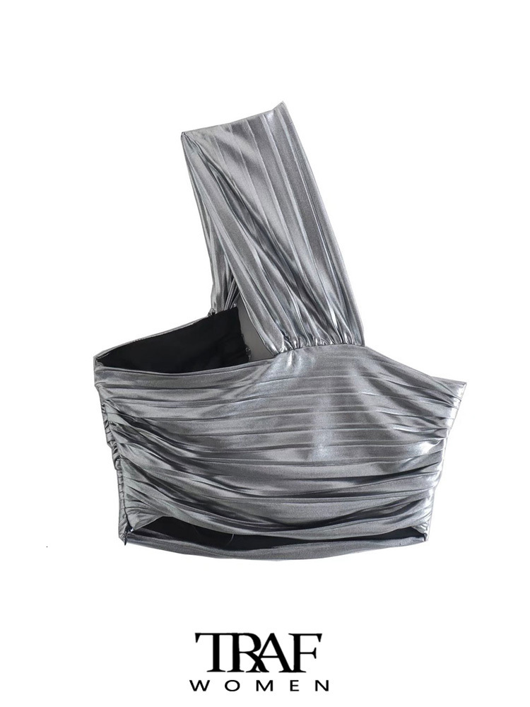 Women's Tanks Camis TRAF Women Fashion Front Hollow Out Shinny Crop Tank Tops Vintage One-Shoulder Side Zipper Female Camis Mujer 230721