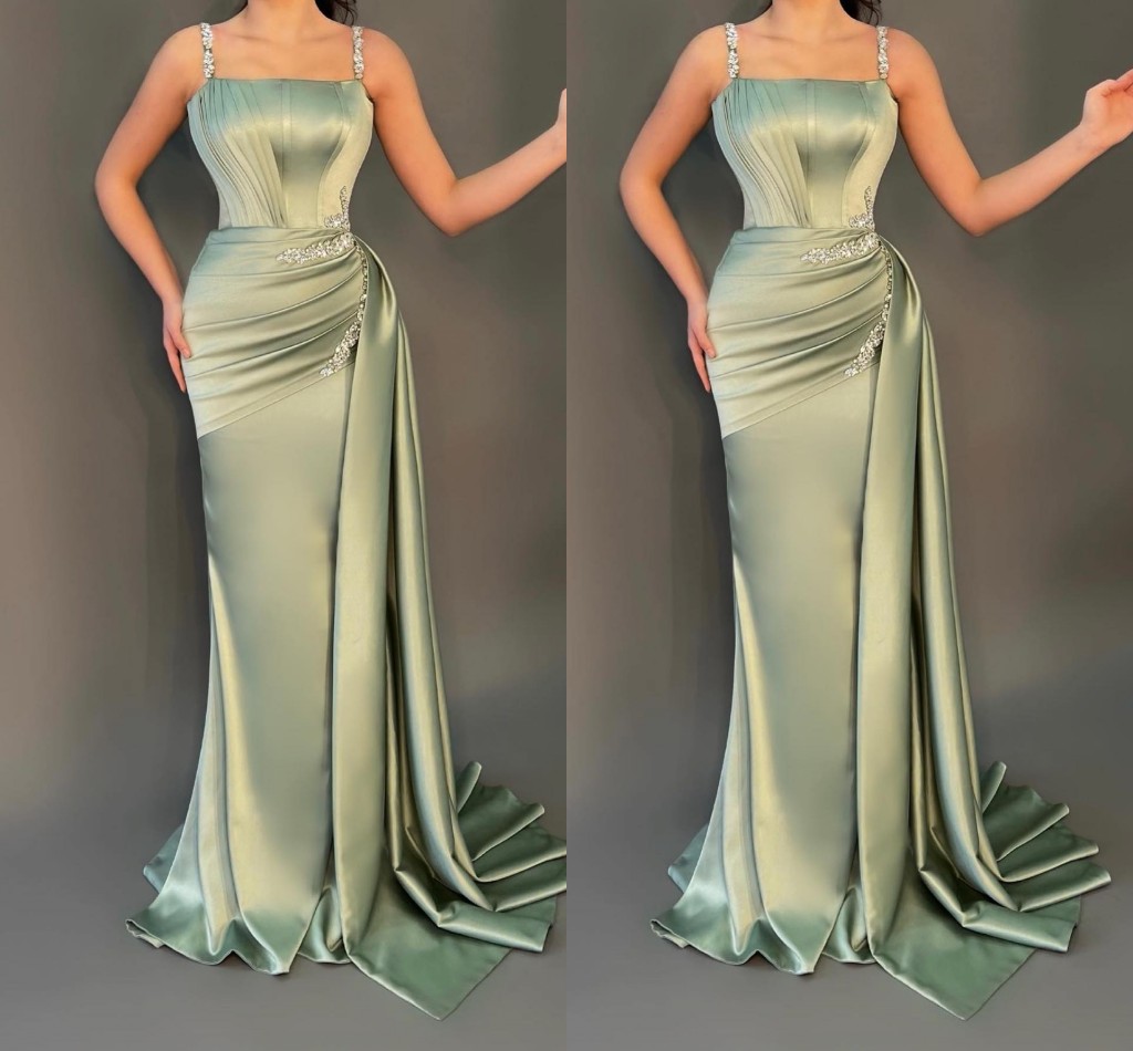 Elegant Mint Sheath Evening Dresses for Women Spaghetti Straps Satin Sweep Train Beaded Crystals Formal Ocns Birthday Celebrity Pageant Party Prom Gow