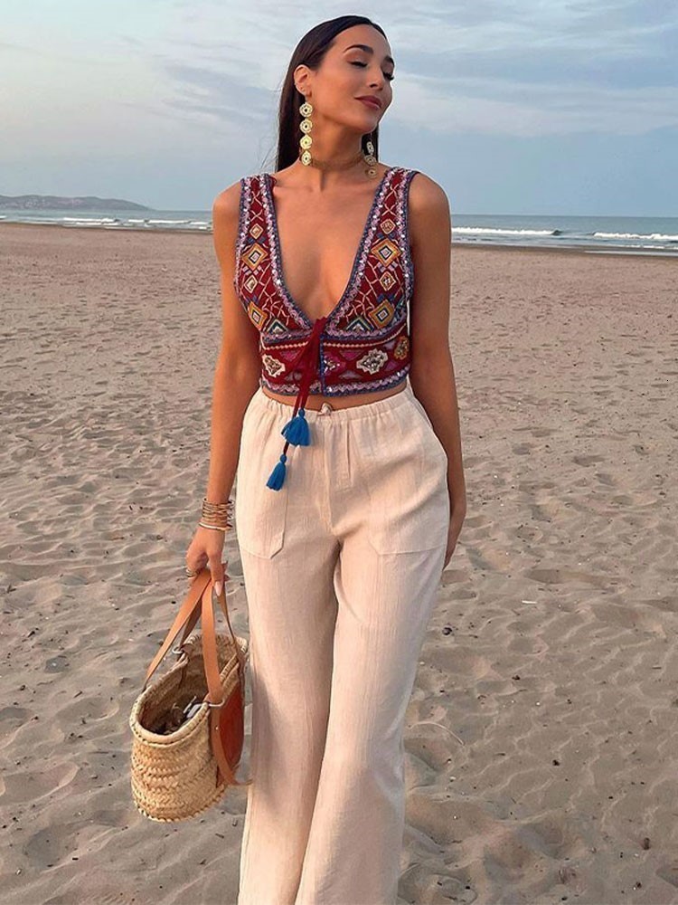Women's Tanks Camis Vintage Embroidery Tassel Lace Up Vest For Women Sexy Sleeveless Backless Short WaistCoat Tops Fashion Ladies Highstreet Outf