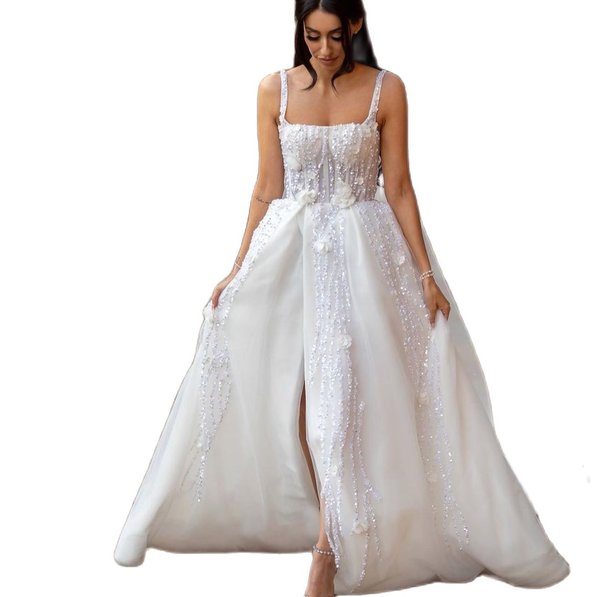 Modern A Line Wedding Dress Sexy Spaghetti 3D Flowers Bridal Gowns Custom Made Sleeveless Plus Size Beach Bride Robes