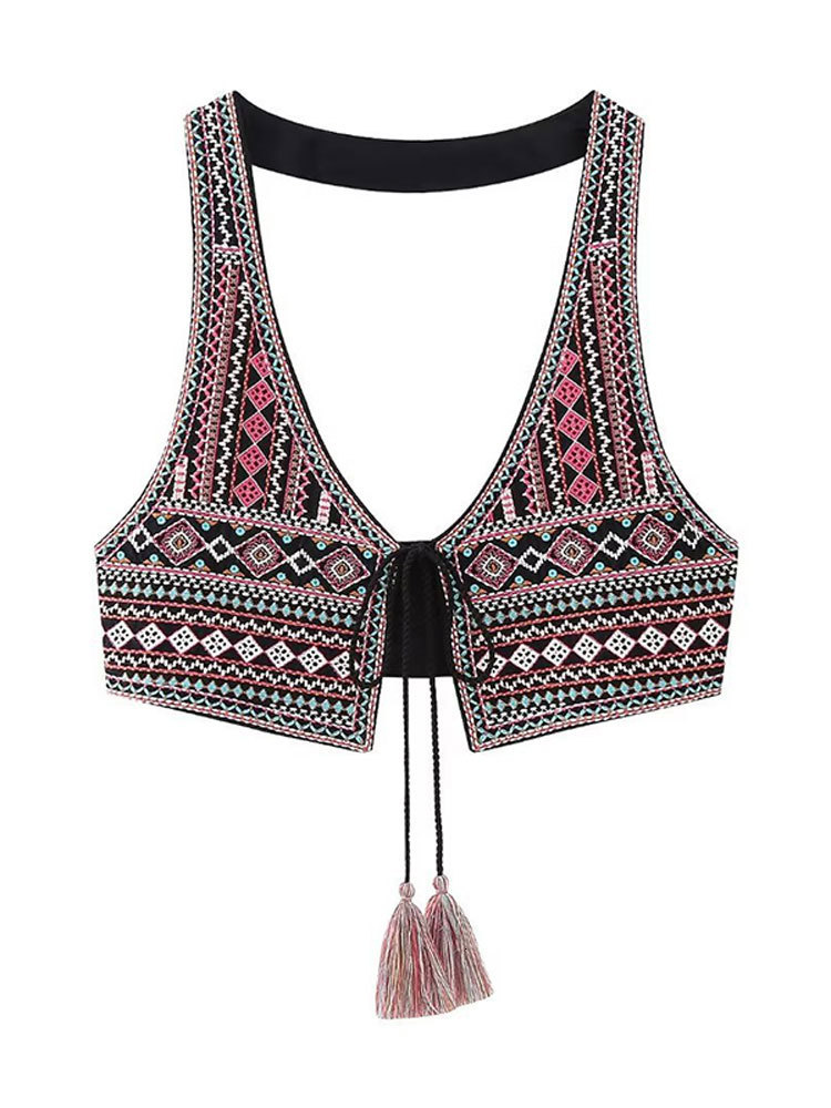 Women's Tanks Camis Vintage Embroidery Tassel Lace Up Vest For Women Sexy Sleeveless Backless Short WaistCoat Tops Fashion Ladies Highstreet Outf