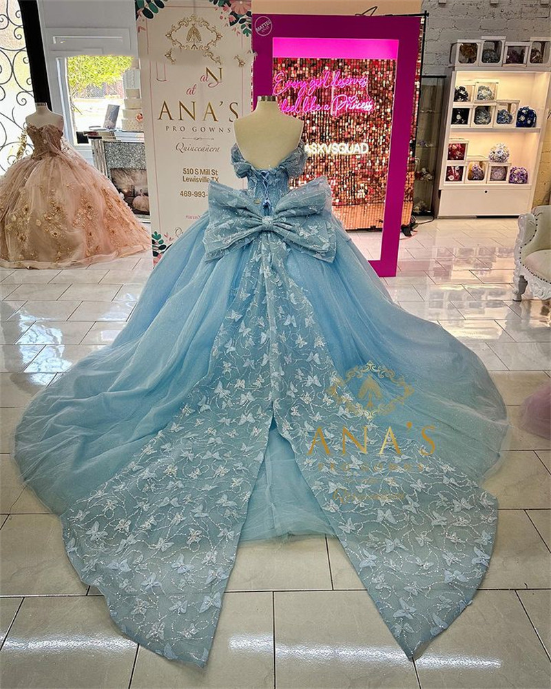 Blue Sweetheart Sky Princess Ball Gown Quinceanera Dress for Girls Beaded 3D Flowers Birthday Party Gowns Bow Prom Dresses Robe De s es