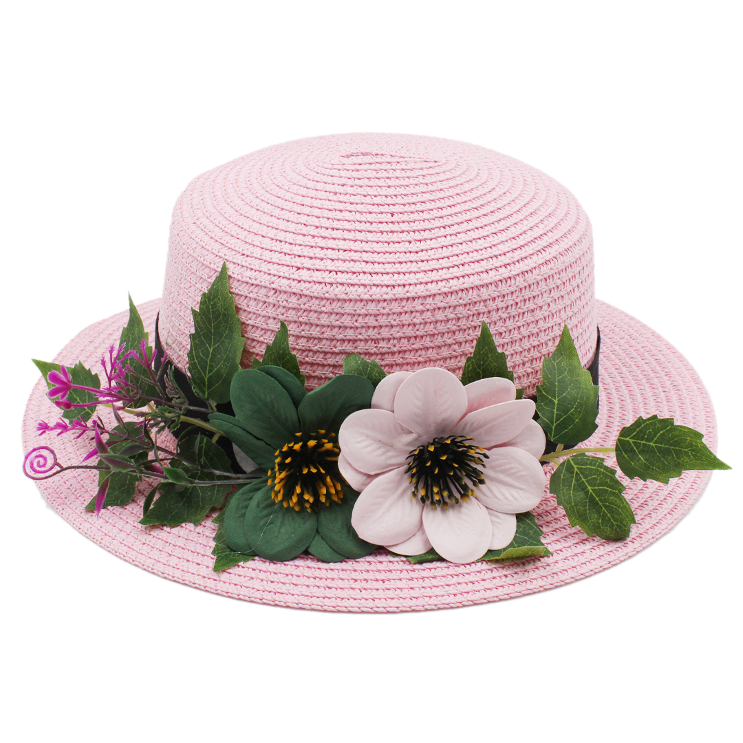 Women Straw Boater Hat Summer Beach Sun Sailor Bowler Cap Floppy Flat Top w/Flower Hatband