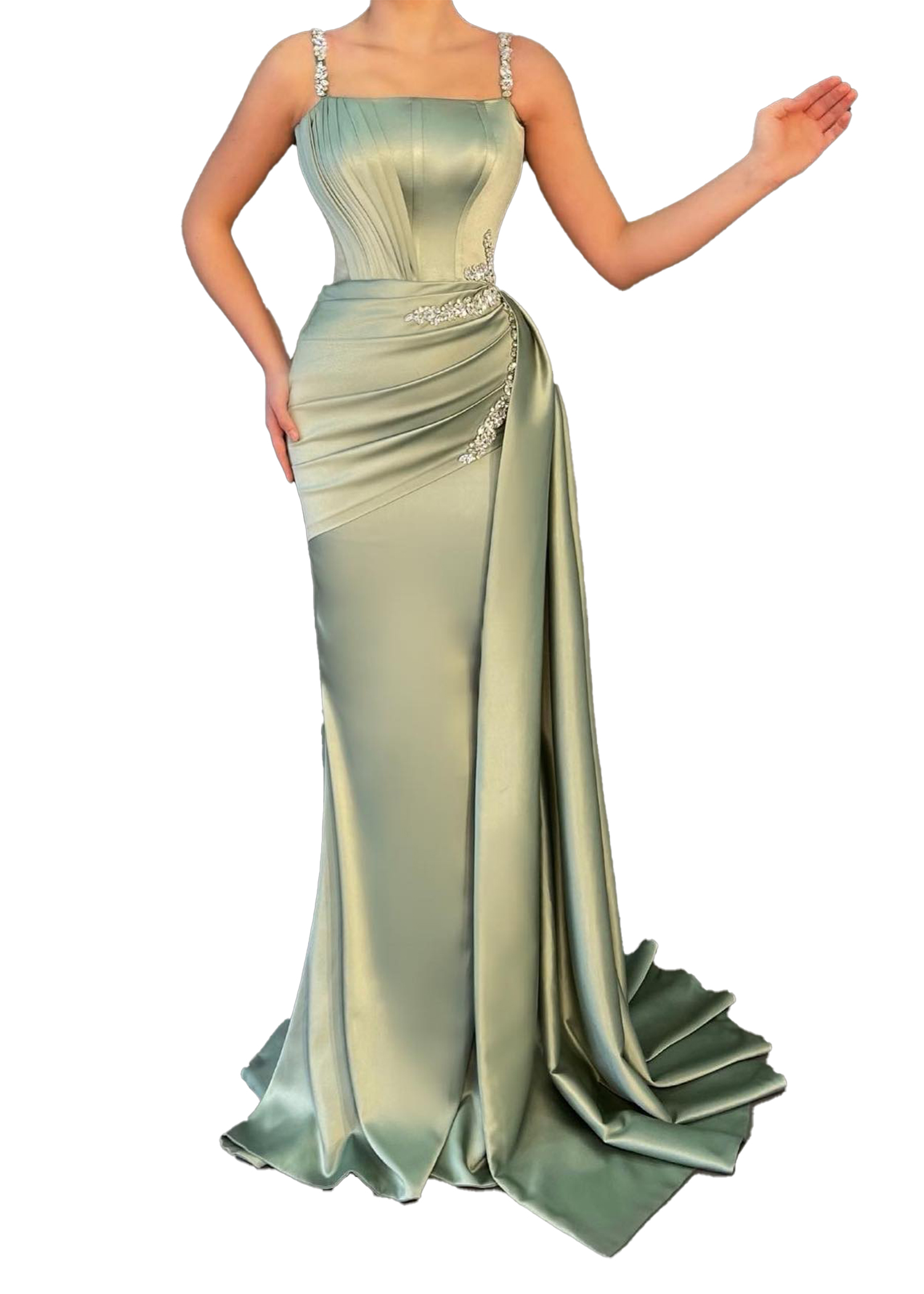 Elegant Mint Sheath Evening Dresses for Women Spaghetti Straps Satin Sweep Train Beaded Crystals Formal Ocns Birthday Celebrity Pageant Party Prom Gow