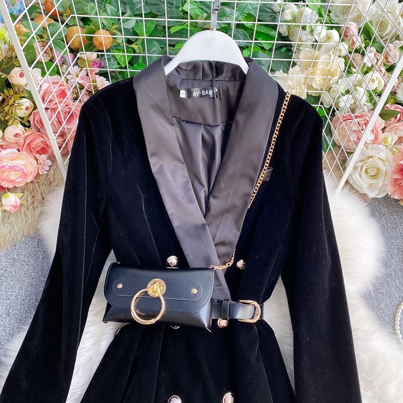 New design womens fashion turn down collar velvet fabric with waist bag sashes double breasted short blazer dress SML