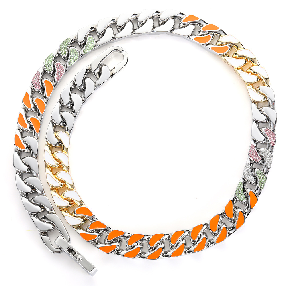 12mm Hip Hop Stainless Steel Cuban Link Chain Colorful Zircon Cool Men no Fade