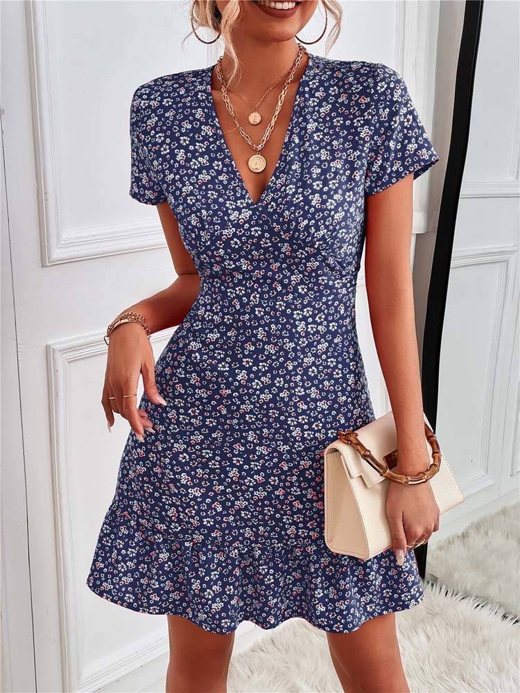Basic Casual Dresses Summer Short Boho Dres V Neck Print Floral Party Dress Ladies Bohemian Flower Mini For Women 230724
