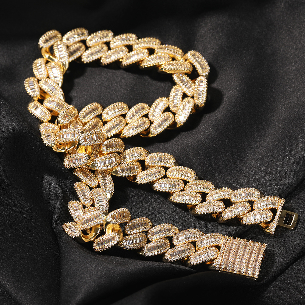 15mm Hip Hop Tennis Chain 18k Real Gold Plated Zircon Mosaic Cuban Link Chain Necklace Bracelet Jewelry Gold Silver Color