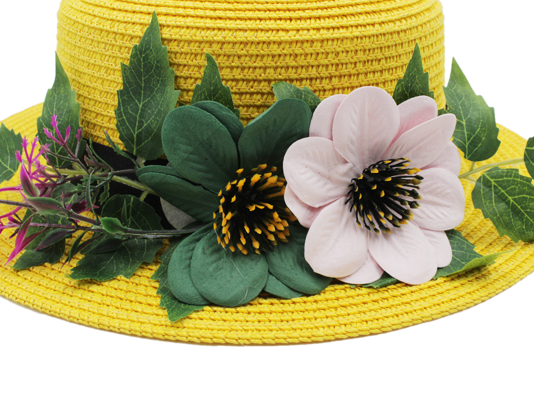 Women Straw Boater Hat Summer Beach Sun Sailor Bowler Cap Floppy Flat Top w/Flower Hatband
