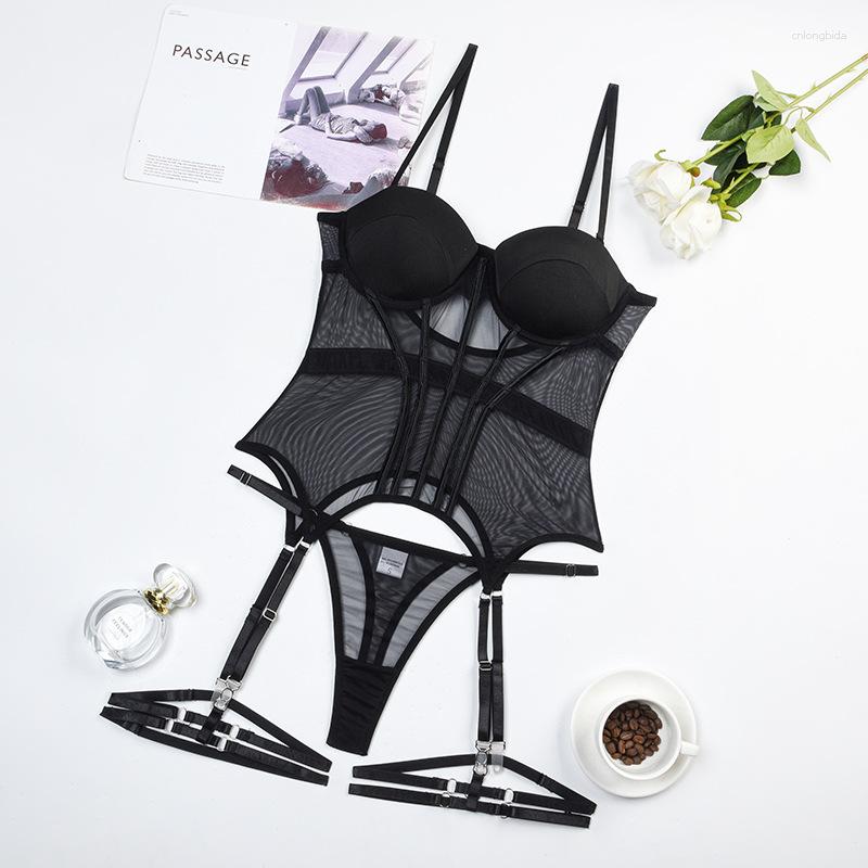 Bras Sets Leosoxs Black Intimate Lingerie For Ladies Corset 3-Piece Seamless Sexy Porn Underwear Uncensored Sheer Lace Sissy Erotic