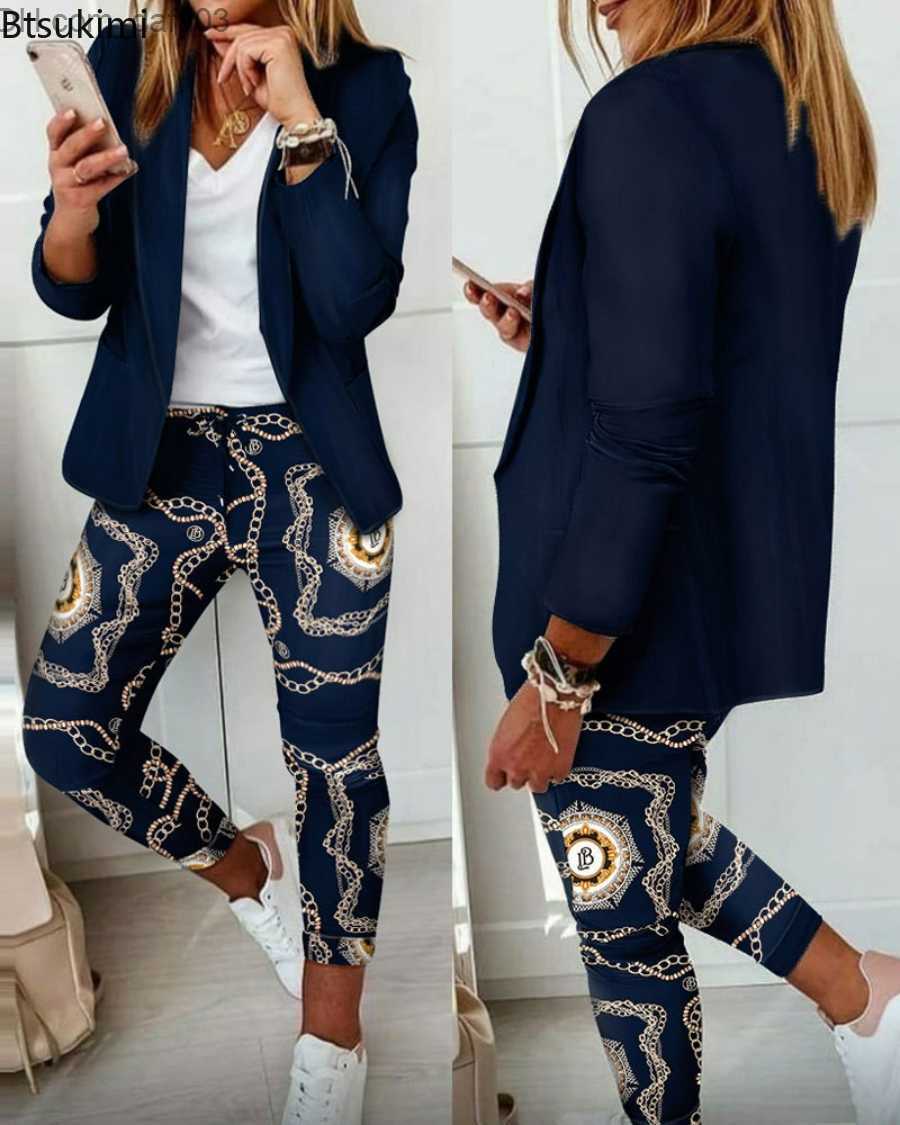 Women's Two Piece Pants Women's Set 2-Piece Jacket+Trousers Spring and Autumn Slim Fit Formal Office Women's Long Sleeve Jacket Se