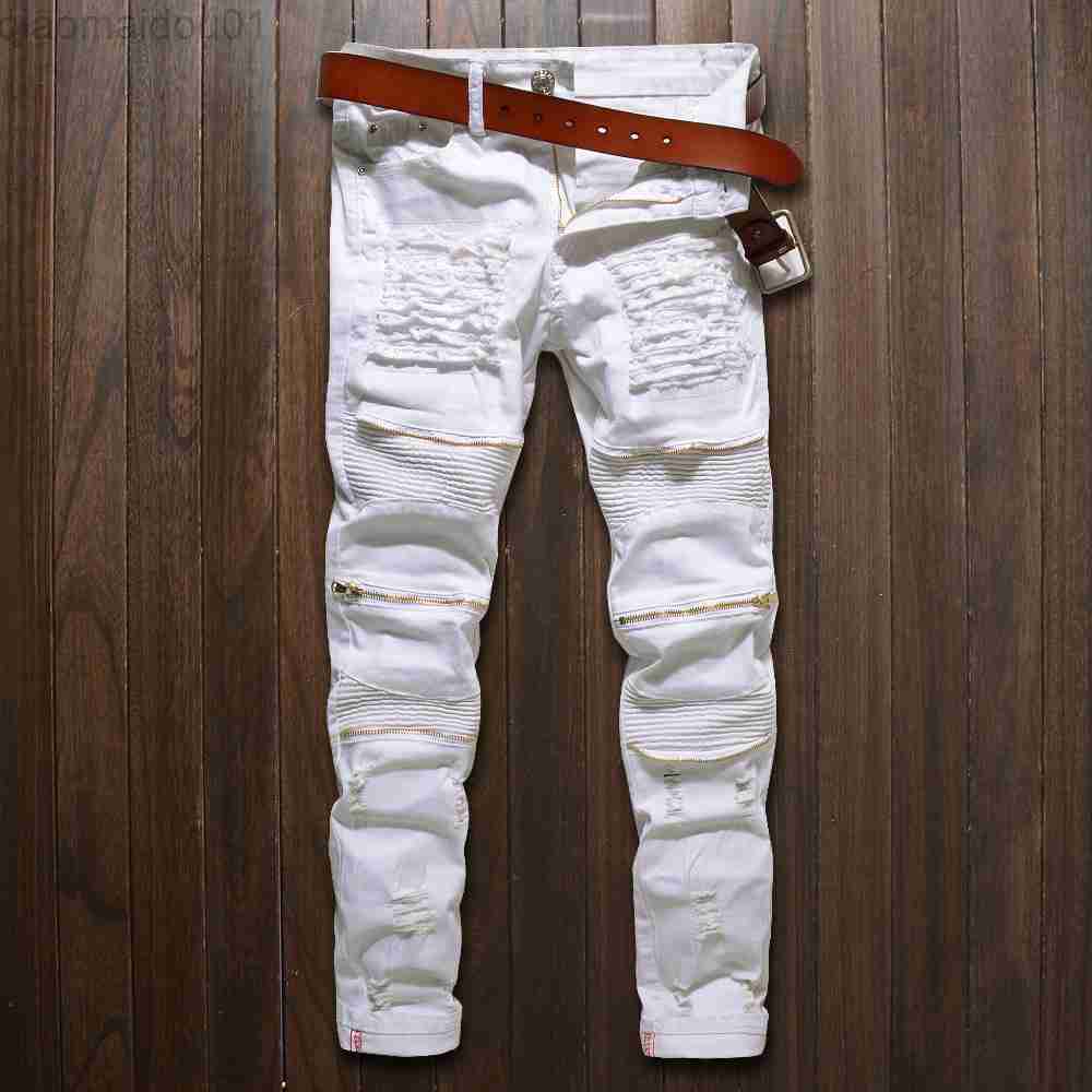 Men's Jeans Skinny jeans men White Ripped Knee zipper Fashion Casual Slim fit Biker jeans Hip hop destroy Stretch Denim pants Motorcycle z241118