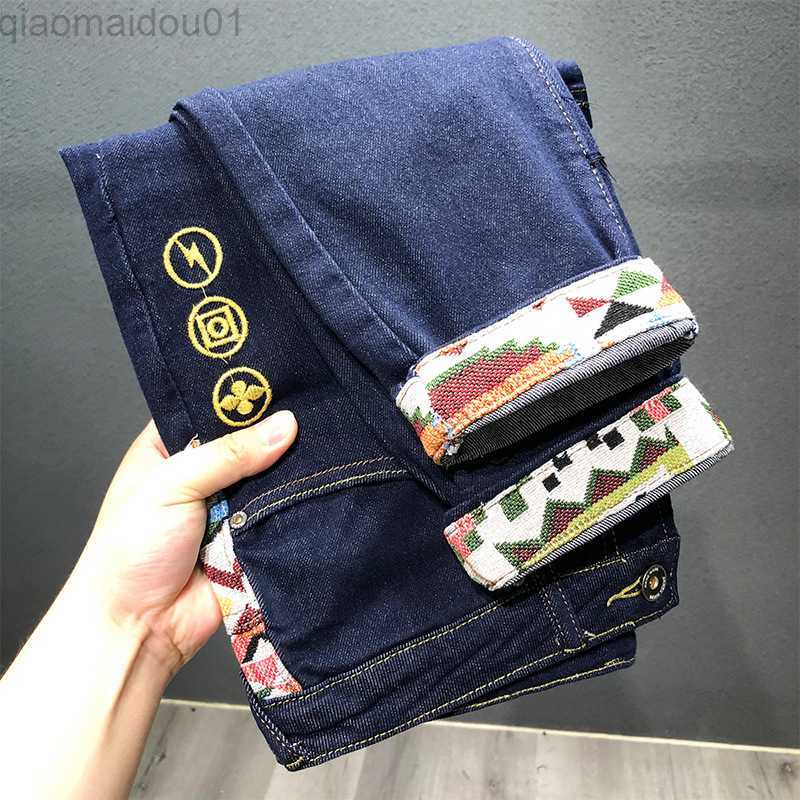 Men's Jeans Brand Men Clothing Fashion Slim Jeans Embroidery Stitching Simple Japanese Streetwear Navy Blue Denim Cargo Pants L230724